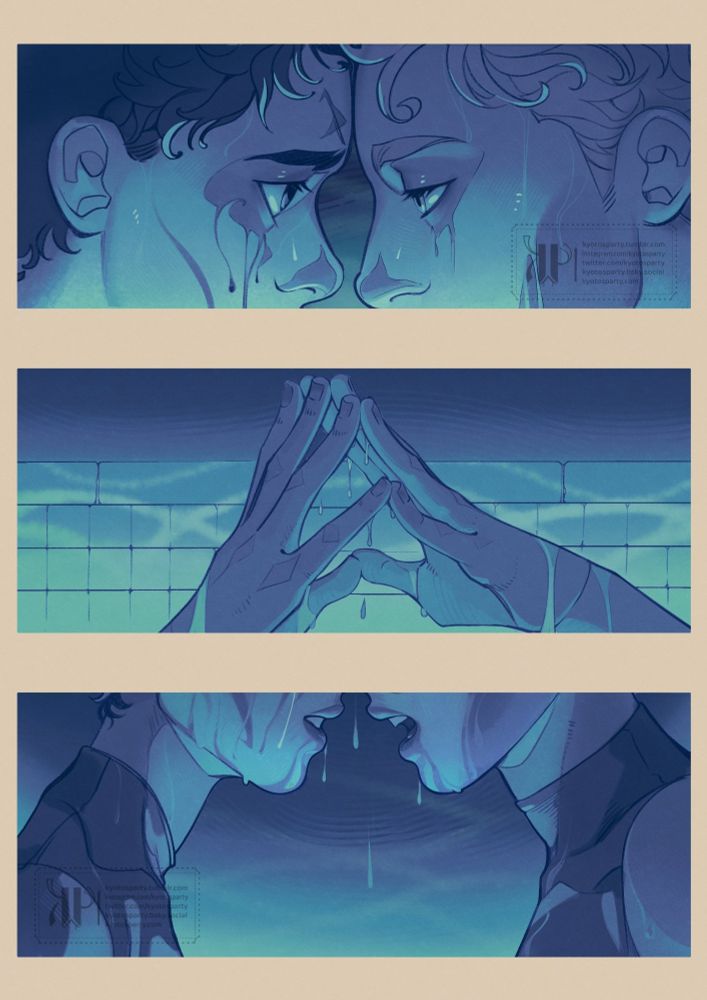 The pool scene from Gideon the Ninth, in comic format. Their foreheads are touching, they're reaching for each other's hands and Gideon is talking as droplets of water mixed with face paint fall from their chins and hair.