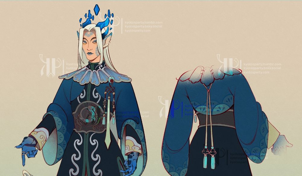 A character with long white hair and draconic features such as horns, fluffy ears, a big tail and scaly hands and feet. He has a new outfit, reminiscent of traditional chinese clothes. The top of it has three layers: a blue gown, a nearly black coat with silver embroidery and a short overcoat with wide sleeves. The pants are so wide they can be mistaken for a skirt and they're a soft shade of turquoise. 
This piece is a commission made by me for @corvuscantus.bsky.social‬
