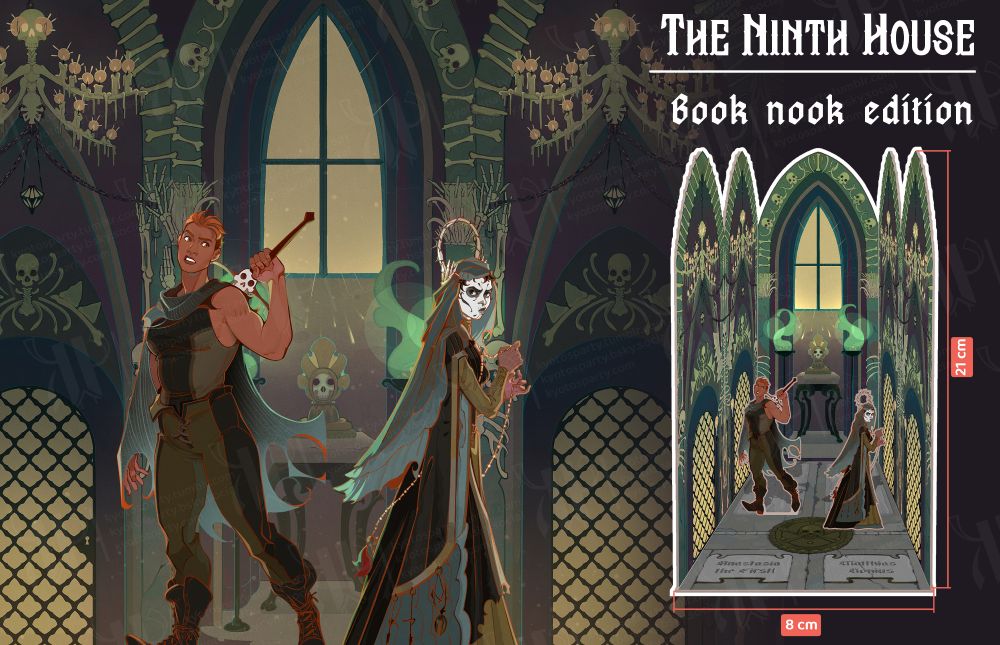 A promotional image showing a book nook that represents the aisles of the Ninth House with Gideon and Harrow walking around. It is 21 cm tall, 8 cm wide and 15 cm deep!