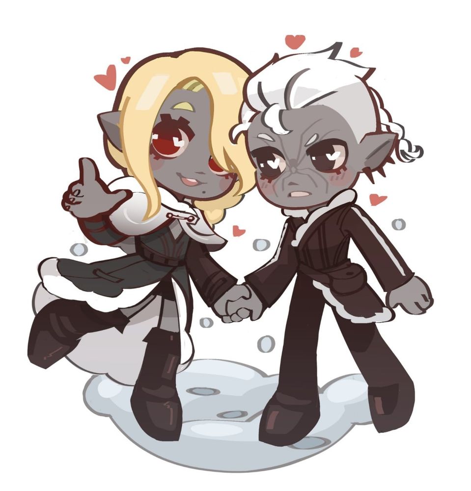 Two chibis of two drows (one blonde with red eyes, one with white hair and black eyes) holding hands
