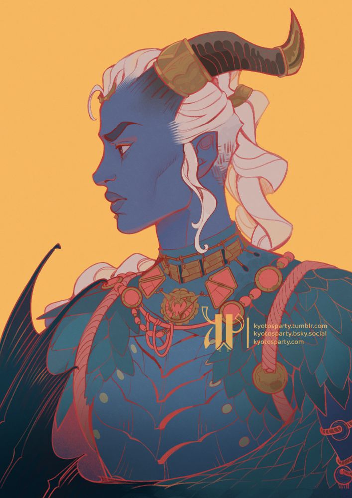 Profile portrait of Taash from dragon age the veilguard, looking ahead and frowning. The scales of the armor turn into a dragon tail with a wing.
