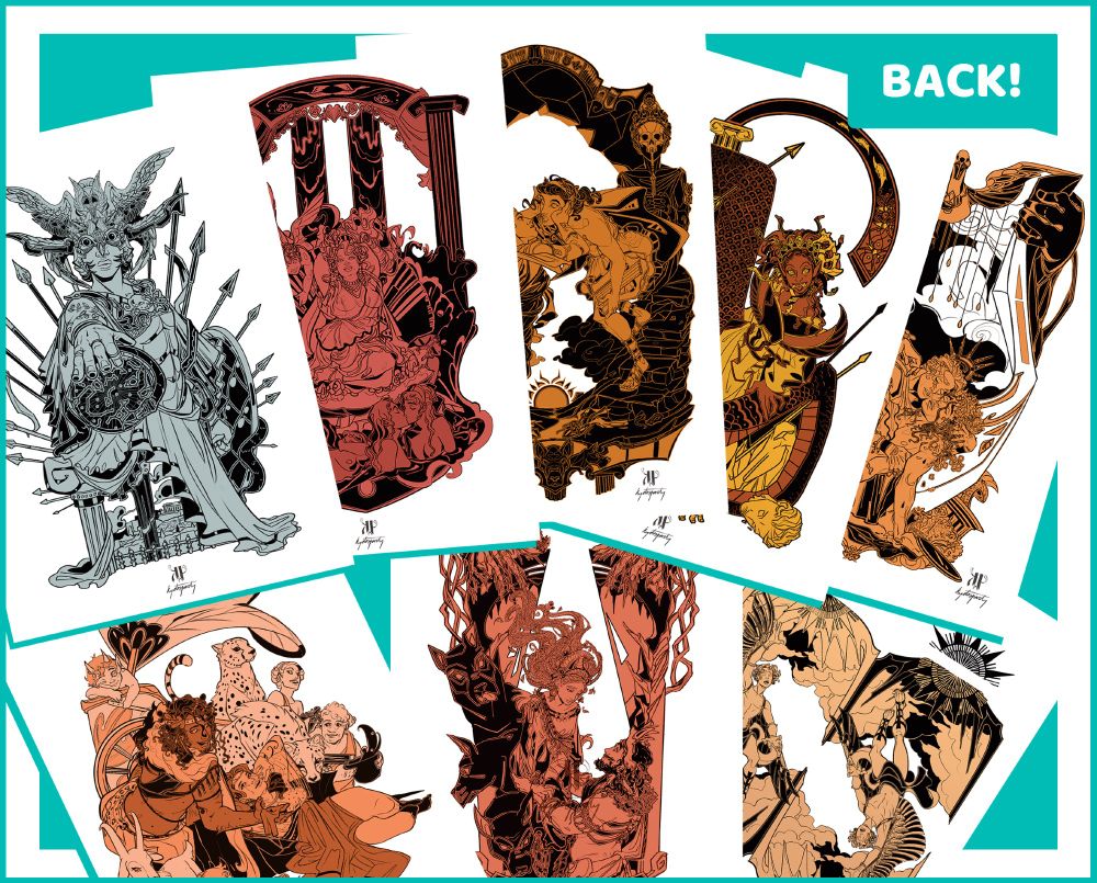 My mythology series as prints! Showcased in this picture are:
- Athena
- Aphrodite
- Orpheus and Eurydice
- Medusa
- Apollo and Hyacinthus
- Dionysus and Ariadne
- Persephone and Hades
- Icarus 
