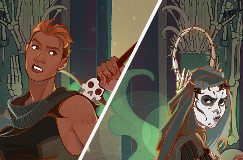 Split screen closeup of Gideon and Harrow looking at each other with anger and confusion as they walk the aisles of the Ninth