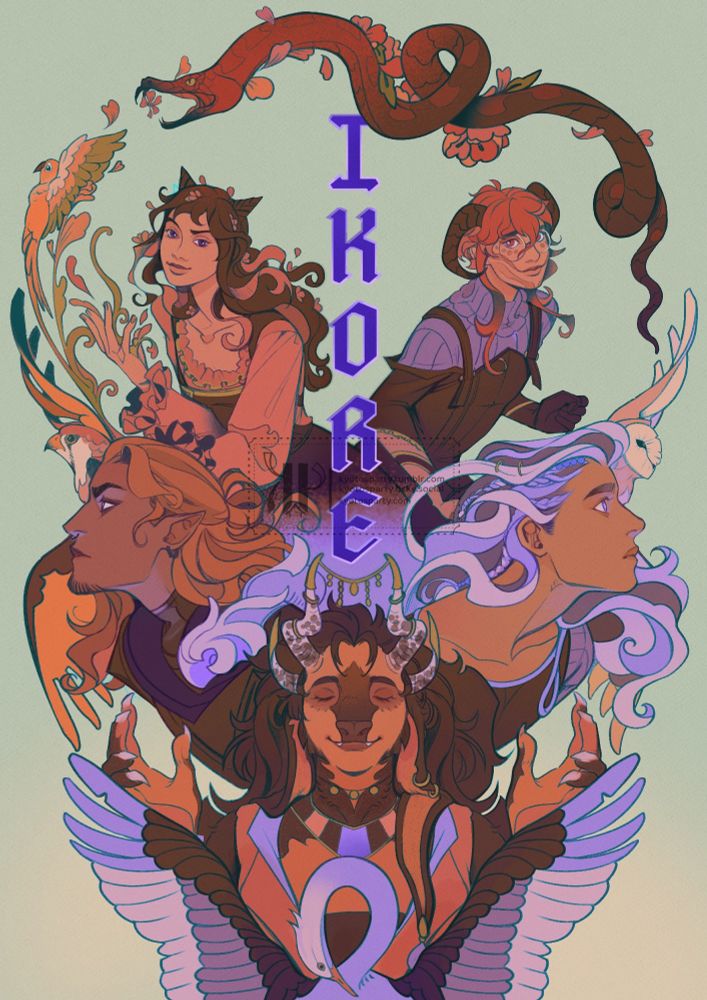A doodle of a d&d party, movie poster style. Blue and orange are the main colors, with red and pink accents.