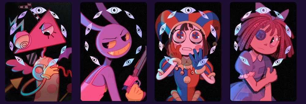 Photocards of Zooble, Jax, Pomni and Ragatha from The Amazing Digital Circus