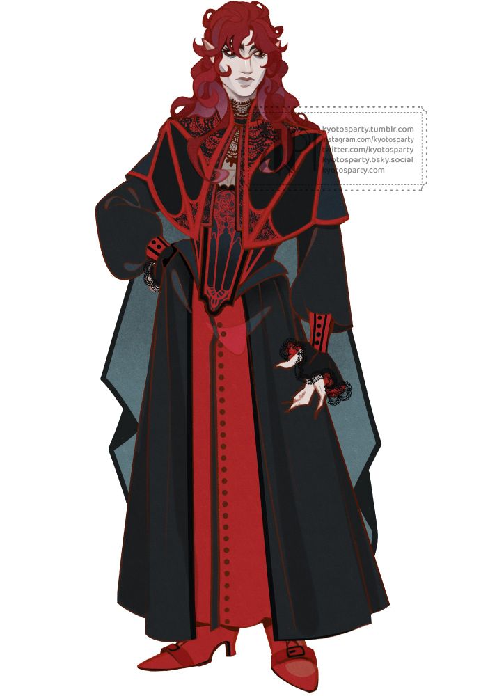 Arsene, an OC that belongs to @vespervines. They wear something similar to a vestment, but with a cleavage and a corset. Their clothes are black, lined in red, and they have red boots. Their hair is deep burgundy with a few paler highlights. Their skin is light grey.
