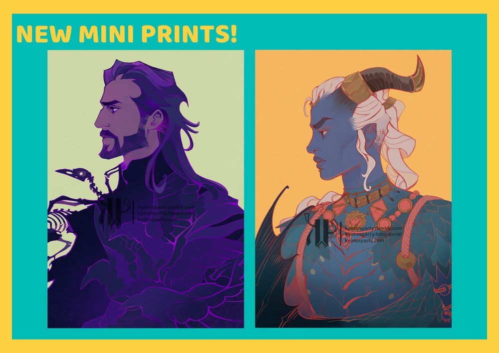 Lucanis mini print: A profile of Lucanis Dellamorte with a darkened torso filled with crows mid-flight, some alive, some in skeletal form. 

Taash mini print: Profile portrait of Taash from dragon age the veilguard, looking ahead and frowning. The scales of the armor turn into a dragon tail with a wing.