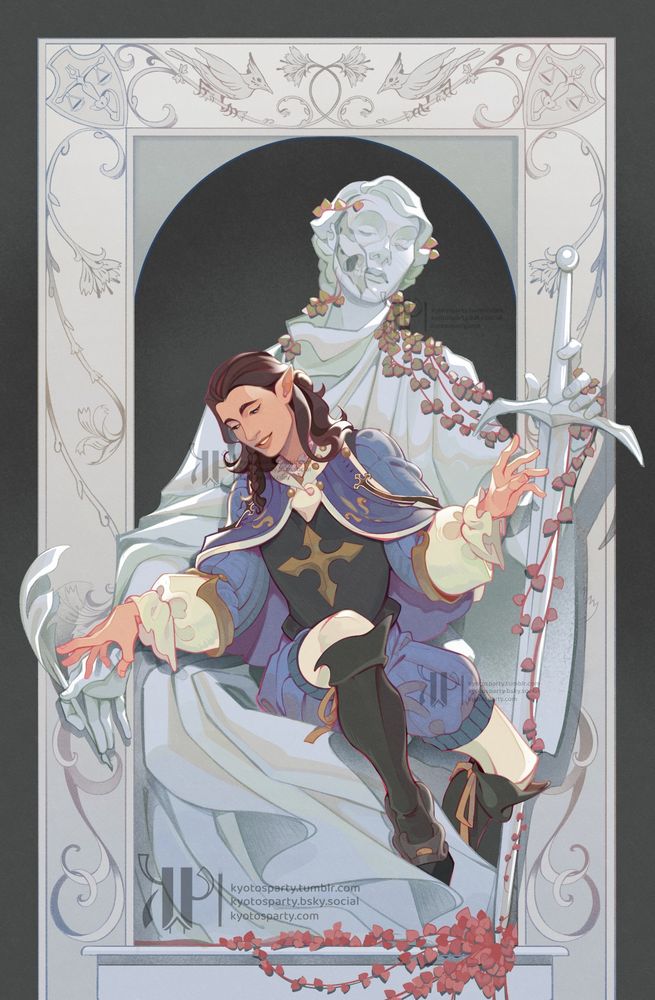 My OC Eliott sitting atop a broken statue that is holding a sword and a quill. There's a crack on the face of the statue, with a skull peeking from underneath. Eliott is reaching for the quill but his other hand hovers over the sword.