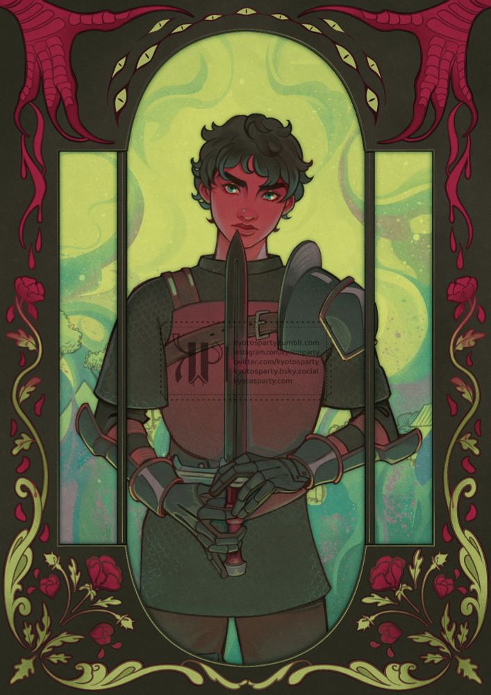 An illustration of Kabru from dungeon meshi, surrounded by blue flames that are engulfing his homeland. There's a dark green frame around him with flowers and bloody monster claws, with bright green eyes crowning him.