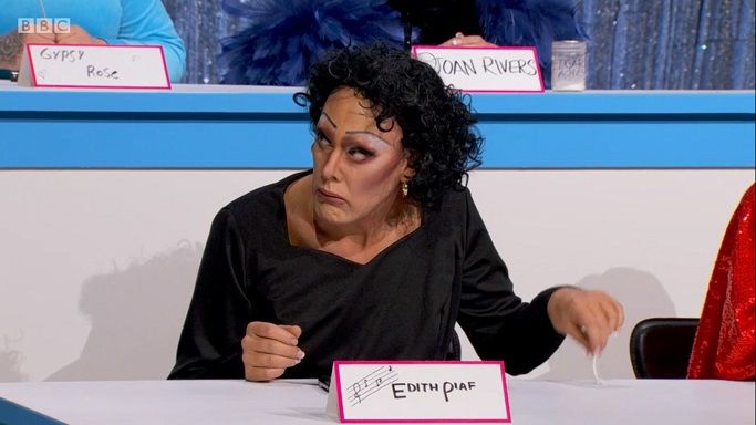 Rita Baga from Canada's Drag Race doing Snatch Game as Edith Piaf.