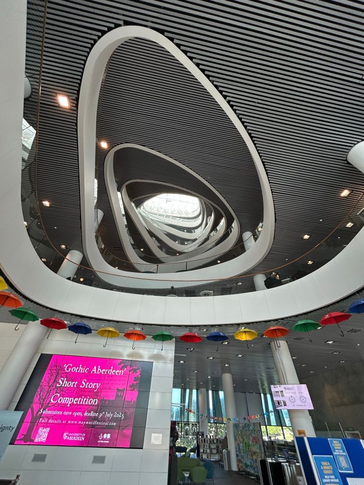 Looking up inside the Sir Duncan Rice Library.