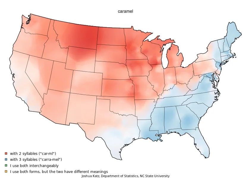 A map of the USA showing different regional pronunciations and meanings of the word "caramel".