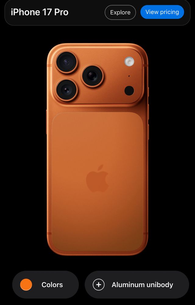 An orange IPhone 17 Pro on a black background