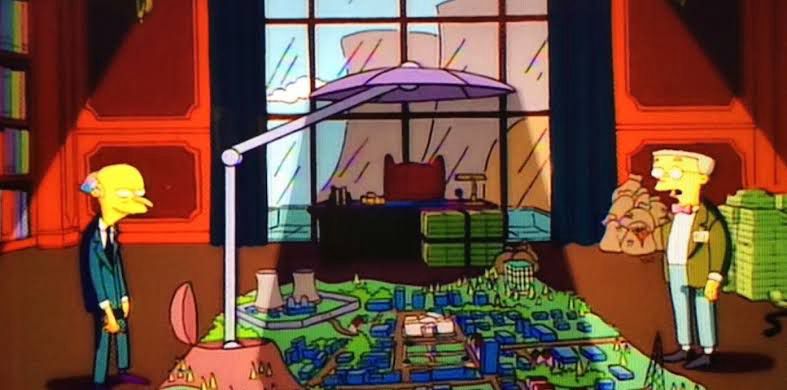 Mr Burns showing Smithers his plan to block out the sun over Springfield.