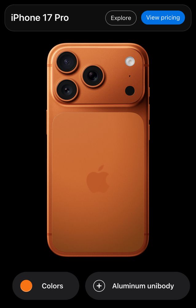 An orange iPhone 17 Pro on a black background