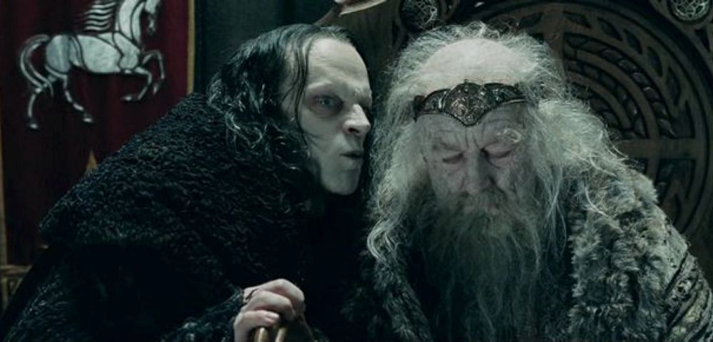 greasy-haired Wormtongue whispering to old King Theoden in the Lord of the Rings movie