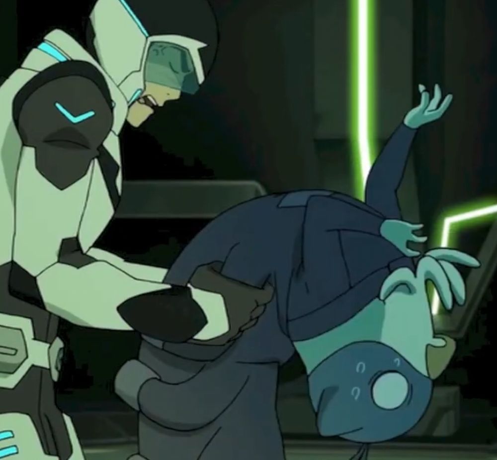 Slav from VLD. He's a blue alien with an elongated body and several arms. He has triangle-shaped ears and a beak. He's sweating and leaning his body backwards as he goes through a fit of panic. Shiro, another character (a human), is holding him and looking frustrated, clearly tired of dealing with Slav.