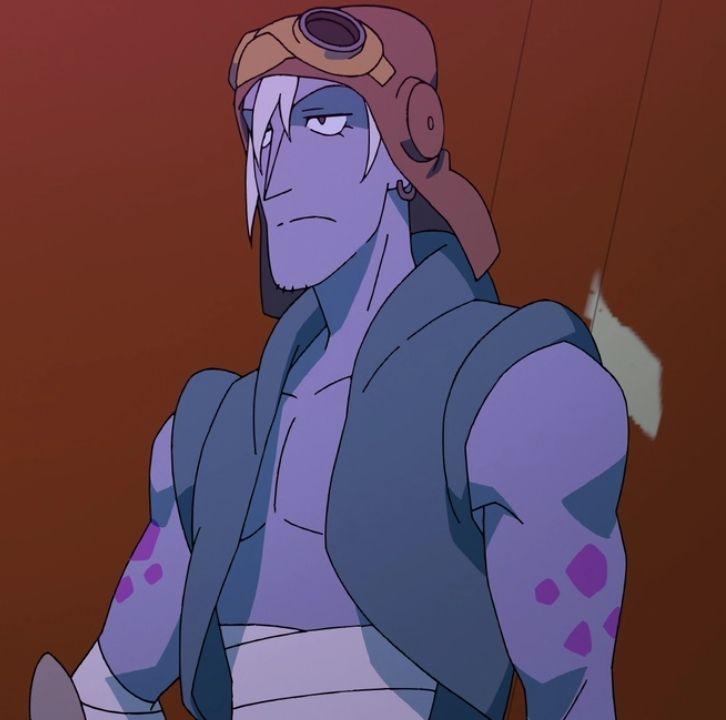 Rollo from VLD. He's a buff purple alien with white hair and a sharp jawline. He's wearing a blue vest and aviation goggles.