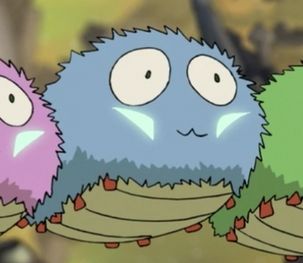Blue space caterpillar from VLD. Just a small ball of fluff with huge round eyes, a little mouth and eight teeny tiny legs.