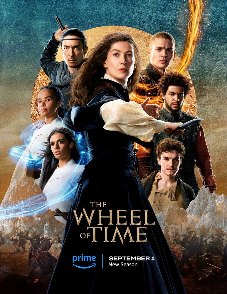Poster of the Prime Show "The Wheel of Time". In the center is Moiraine Sedai holding a dagger. To the right are Rand al'Thor, Perrin Aybara, and Mat Cauthon. To the right are Lan Mandragoran, Nynaeve al'Meara, and Egwene al'Vere.