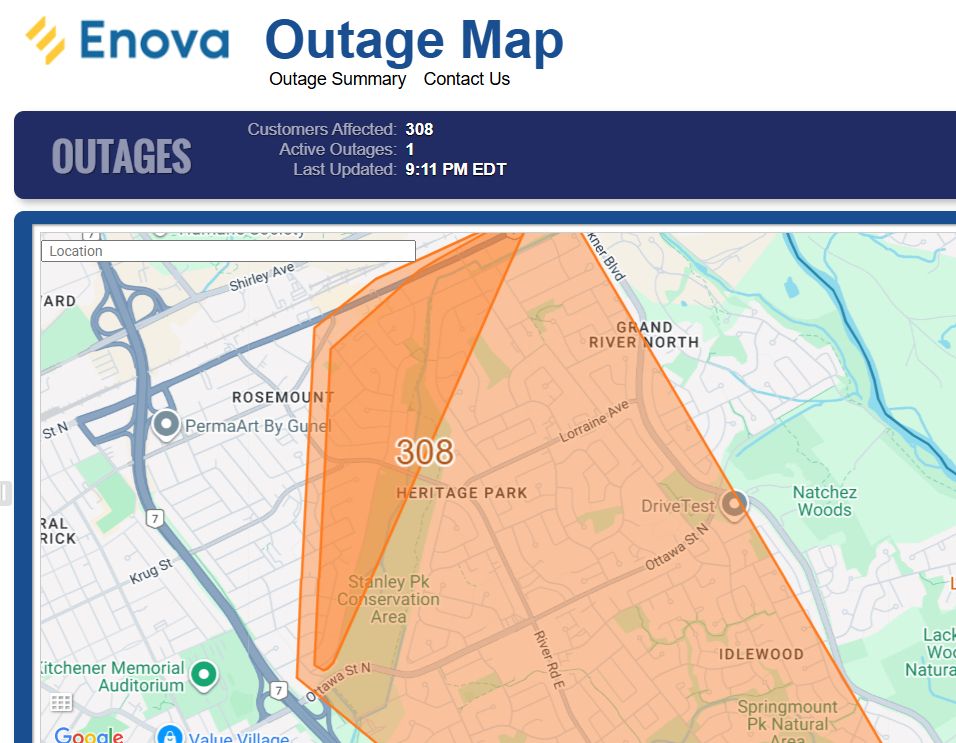 Enova outage map with the affected outage area shaded in orange. 