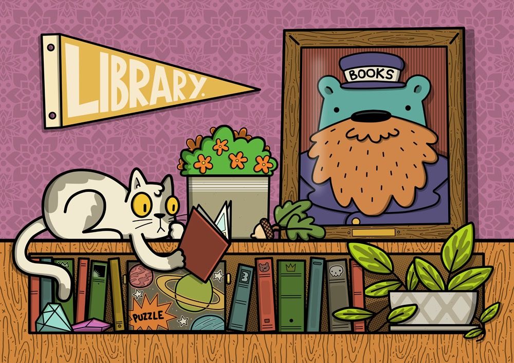 An illustration of living room scene with a cat on a bookshelf reading a book, while a painting of a bearded bear with a hat that says "books" dominates the right side of the image. A yellow pennant reads "Library." Books line the shelf and there are also a few plants. 