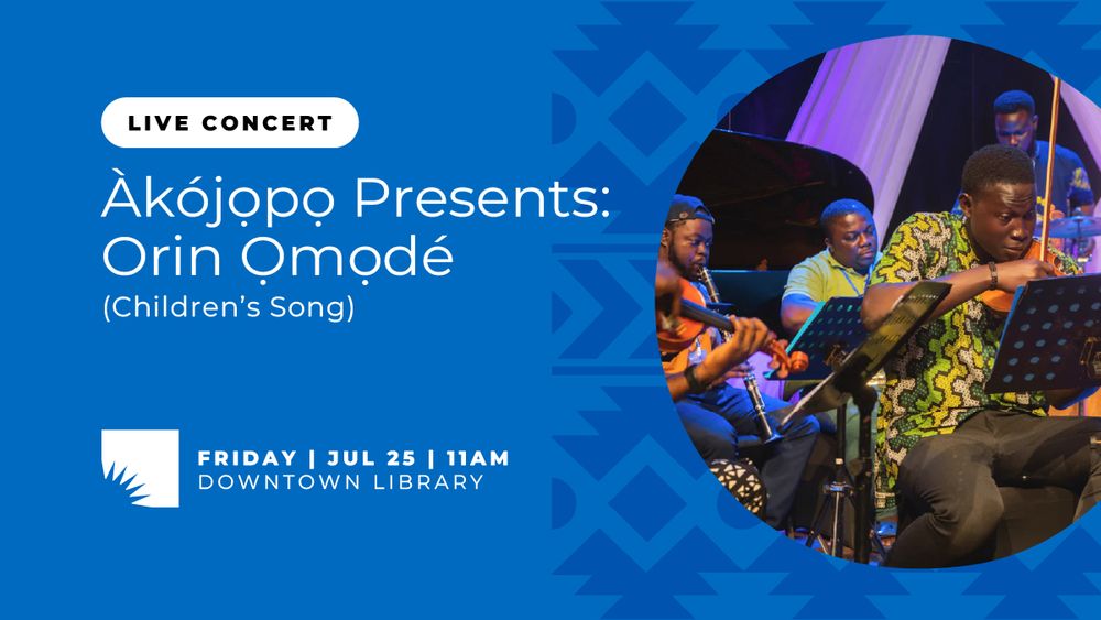 A blue graphic featuring a photo of Akojopo performing live music. To the left of the photo is white text displaying, "Live Concert", the event title, and details, alongside an AADL byte.