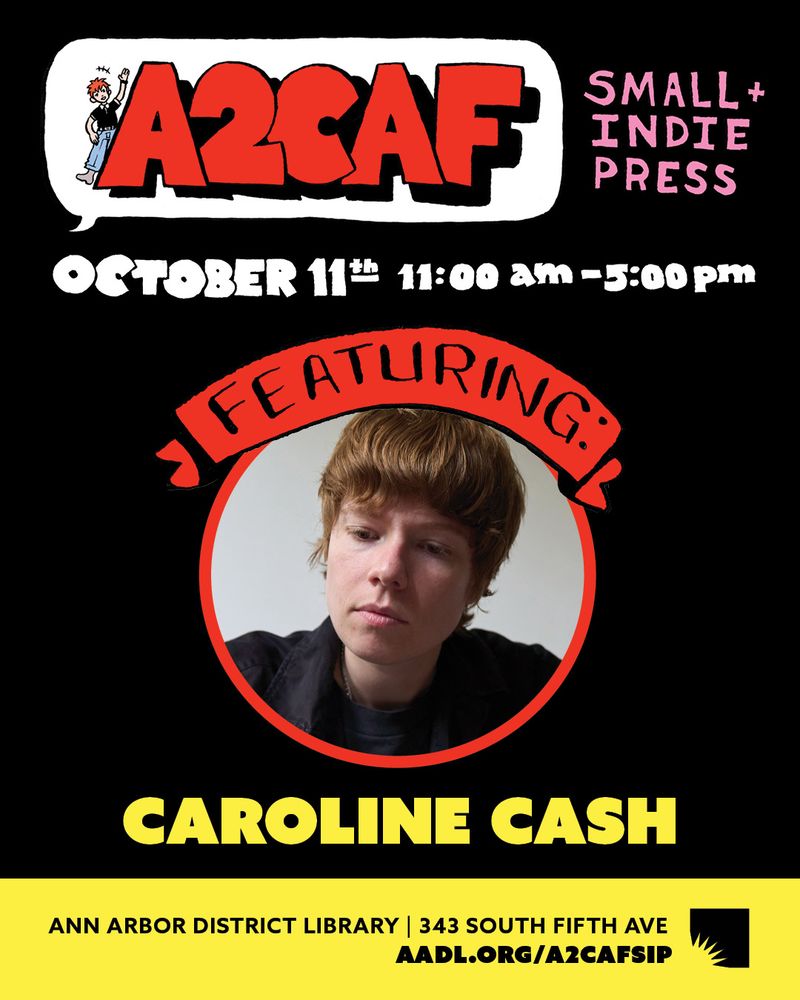 Promotional poster for an A2CAF:SIP Headliner featuring Caroline Cash. Red and black text on a black and yellow background, with an image of Caroline Cash in a circular frame.