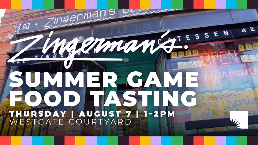 A promo graphic featuring a photo of Zingerman's storefront with the AADL Summer Game banner along the top and bottom. Bold white text displays the title and details for an upcoming Summer Game Food Tasting event.