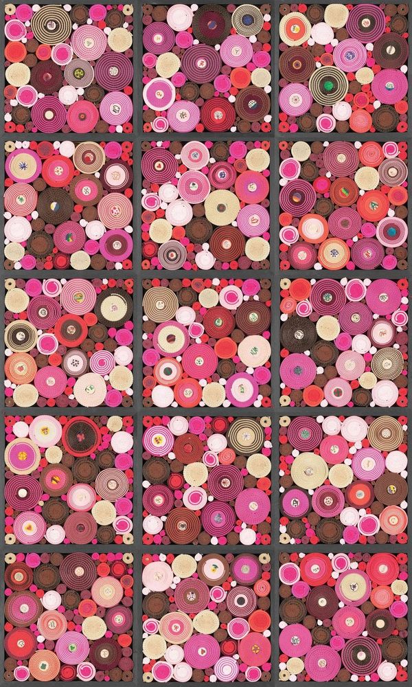 An image of You and Me, Me and You, All of Us Together, a Scrollathon art piece from 2022 made of fiber, rubber bands, pins, glue, wood, paint. It consists of circular designs that are in pinks, reds, browns, taupes, and whites.