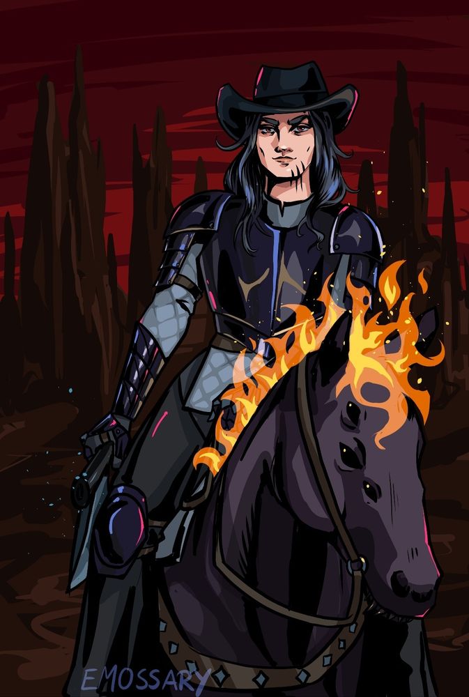 A blackhaired woman with black armor and a cowboyhat riding on a fiery-maned demonic horse