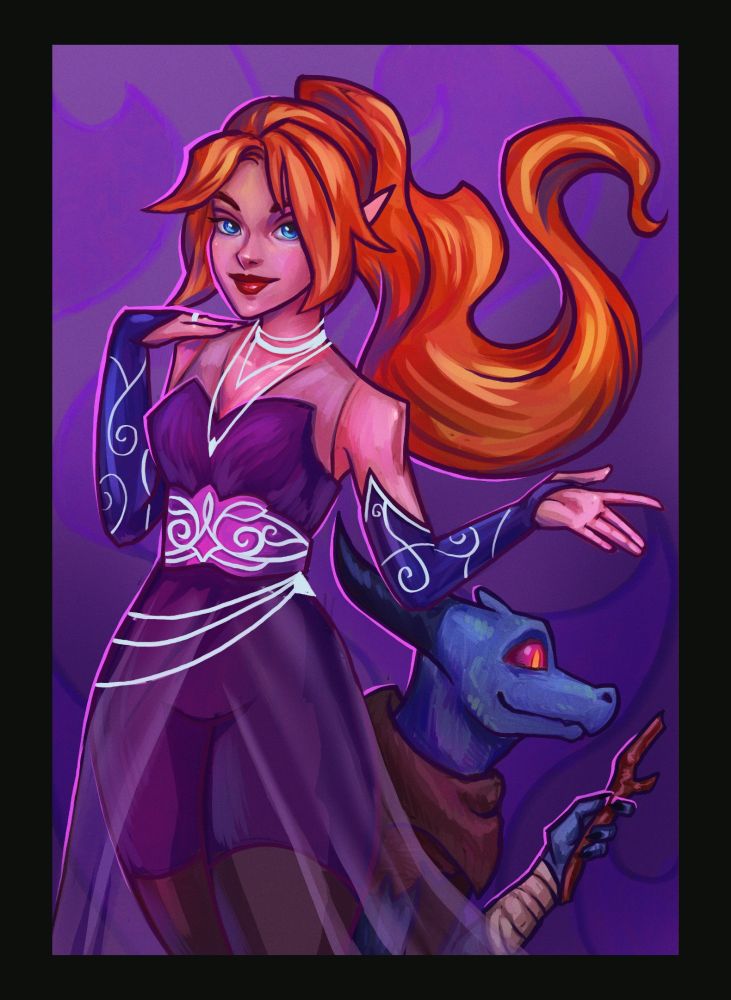 Drawing of a redhaired elven lady in elegant purple clothing. A blue kobold stands behind her, looking lovingly at a stick.