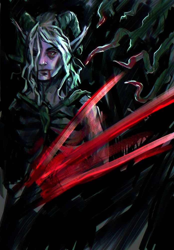 Dark and sketchy digital drawing of a pale satyr druid. Bloody branches are reaching out to her.