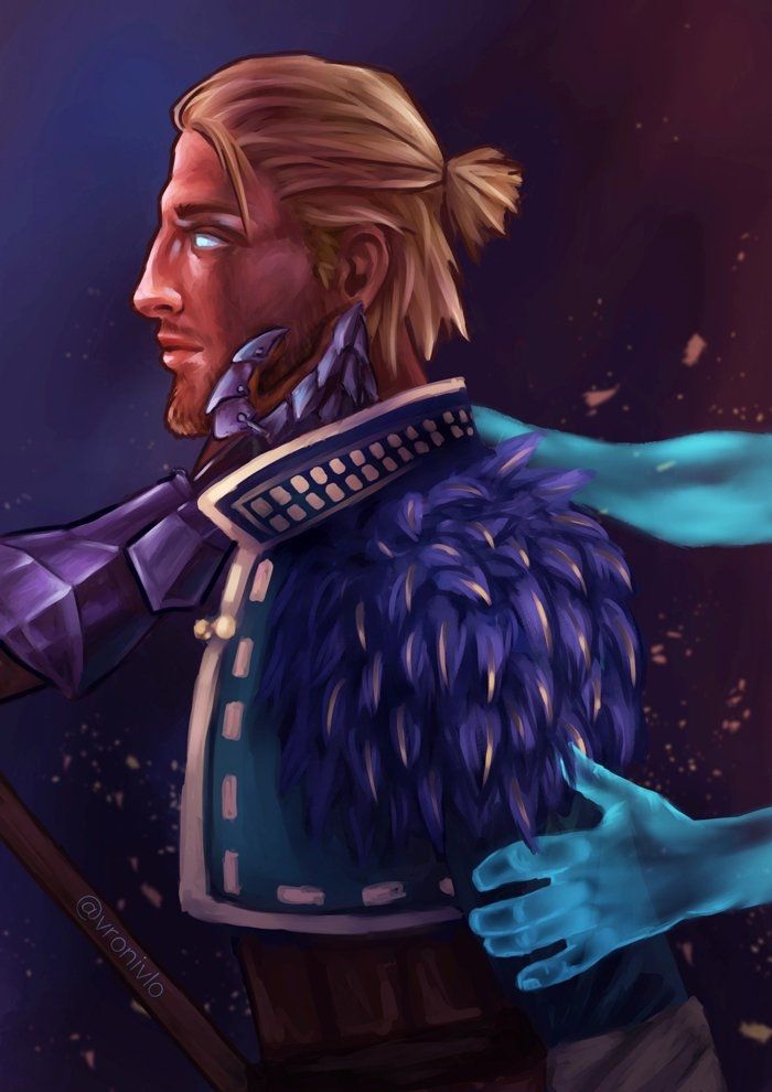 Illustration of Anders from Dragon Age 2. his eyes are glowing, spirit hands are grabbing him from behind while Hawkes hand is gently holding his face from the front.