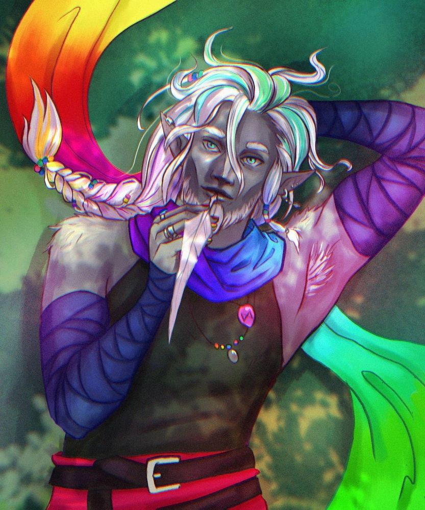 A grey firbolg covered in rainbow colored clothing, lying in the grass