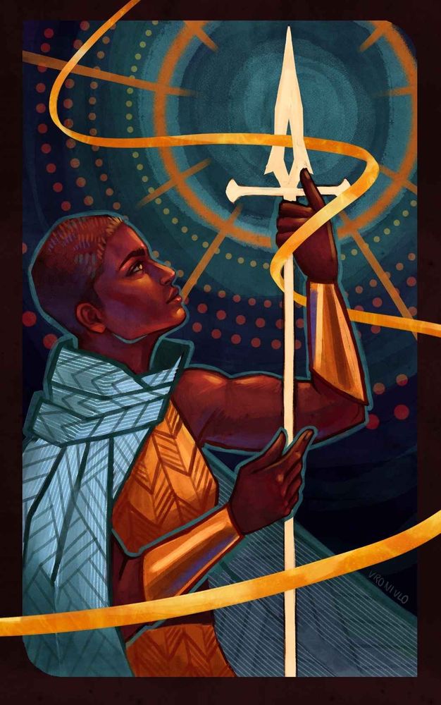 A Illustration in the style of dragon age tarot cards. A dark-skinned cleric with shorn hair looks up to her spear-end, which is covered in light.