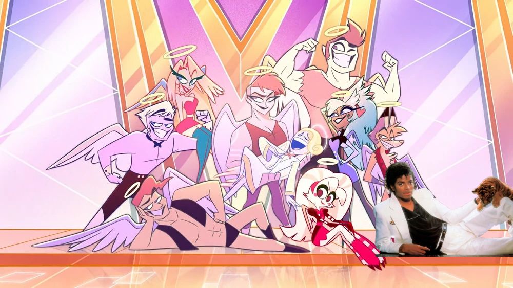 A screenshot of Hazbin Hotel EP6 "Welcome To Hevean" with Michael Photoshopped into it
