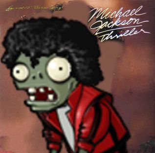 The album cover for the Michael Jackson Thriller song single edited to have the Dancing Zombie from Plants VS Zombies 1 in it