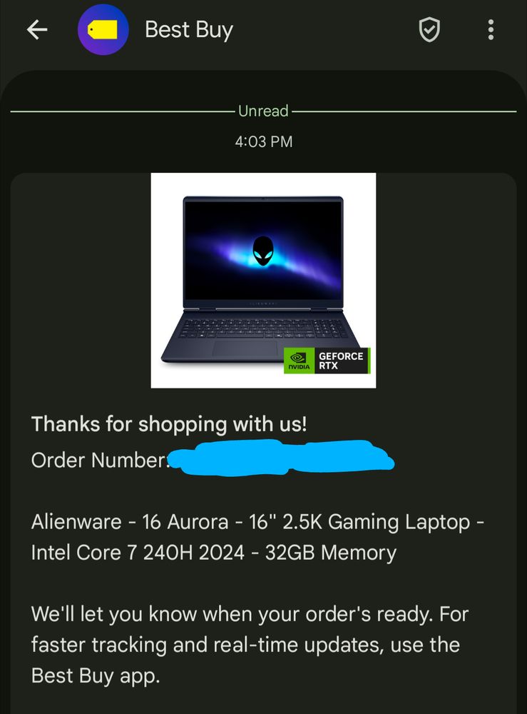 An order confirmation for an Alienware laptop from Best Buy