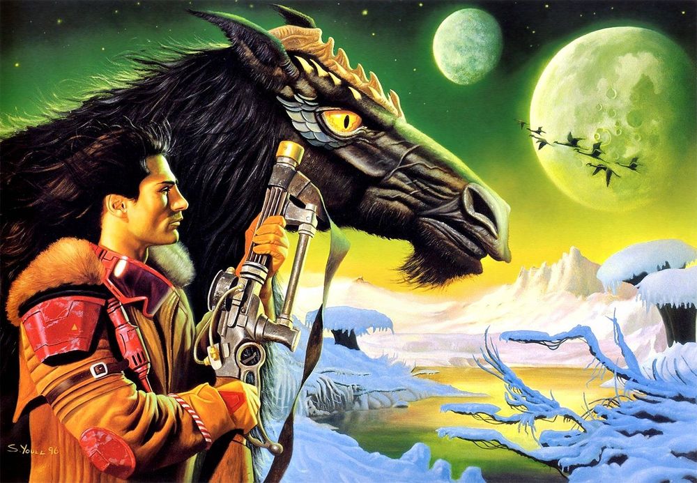 The full art used for the cover for Cloud's Rider. It depicts a man with long hair, holding a gun. Next to him is a monsterous, horse-like creature. They gaze out over an alien landscape. 