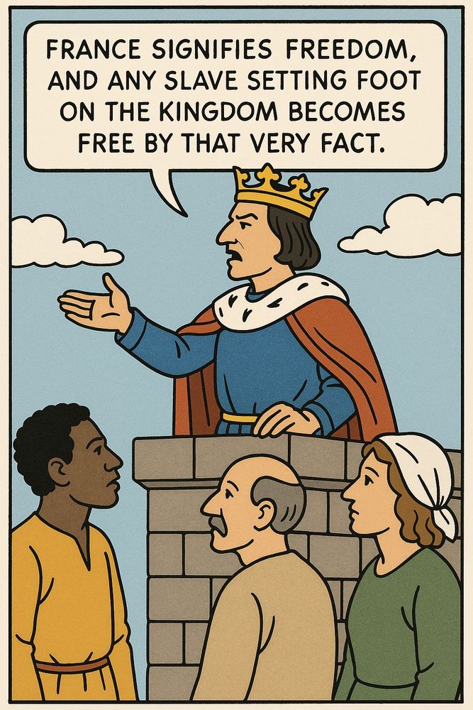 Louis X proclaiming "France signifies freedom, and any slave setting foot on the kingdom becomes free by that very fact."