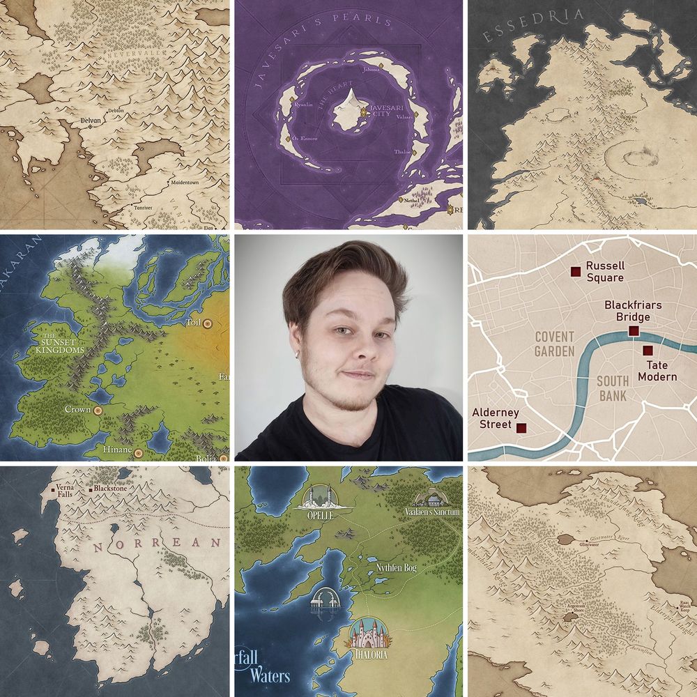 Collage of fantasy cartography artworks created by Riku Similä from Kellerica Maps for novels, Dungeons & Dragons (D&D/DnD) and other TTRPG games