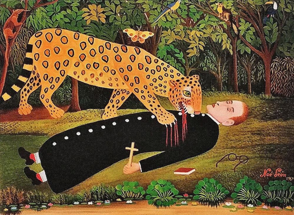 a painting titled "missionary being eaten by a jaguar" by Noé león. The painting depicts a jaguar biting into the chest of a man dressed in black jesuit missionary clothes and holding a cross. The man appears to be already deceased, blood is coming from where the jaguars mouth and paw touch him. The backround is a beautiful rainforest scene, with butterflies and birds.