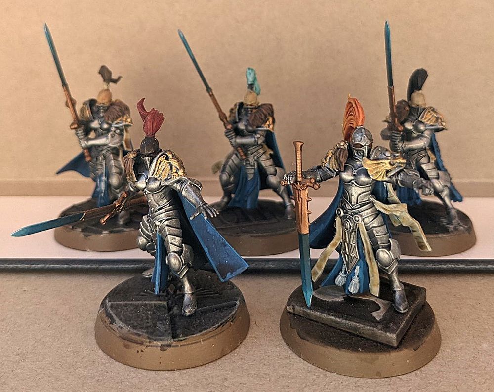 five Vigilators/Oblivion Knights with silver armour and blue cloaks