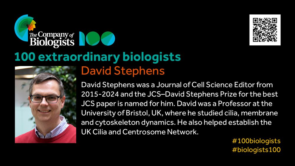 The Company of Biologists 100 logo to the left and QR code to the right.
 
Portrait of David Stephens to the left, text to the right
 
100 extraordinary biologists

David Stephens

David Stephens was a Journal of Cell Science Editor from 2015-2024 and the JCS–David Stephens Prize for the best JCS paper is named for him. David was a Professor at the University of Bristol, UK, where he studied cilia, membrane and cytoskeleton dynamics. He also helped establish the UK Cilia and Centrosome Network.

#100biologists #biologists100
