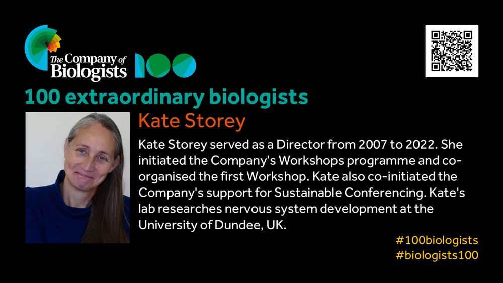The Company of Biologists 100 logo to the left and QR code to the right.
 
Portrait of Kate Storey to the left, text to the right
 
100 extraordinary biologists

Kate Storey

Kate Storey served as a Director from 2007 to 2022. She initiated the Company's Workshops programme and co-organised the first Workshop. Kate also co-initiated the Company's support for Sustainable Conferencing. Kate's lab researches nervous system development at the University of Dundee, UK.

#100biologists #biologists100