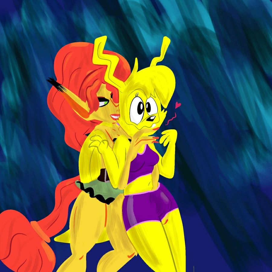 Lori from Jazz Jackrabbit is embraced by her gf Yellow Iris from Battle Circuit as she finds a use for them big ole hands
