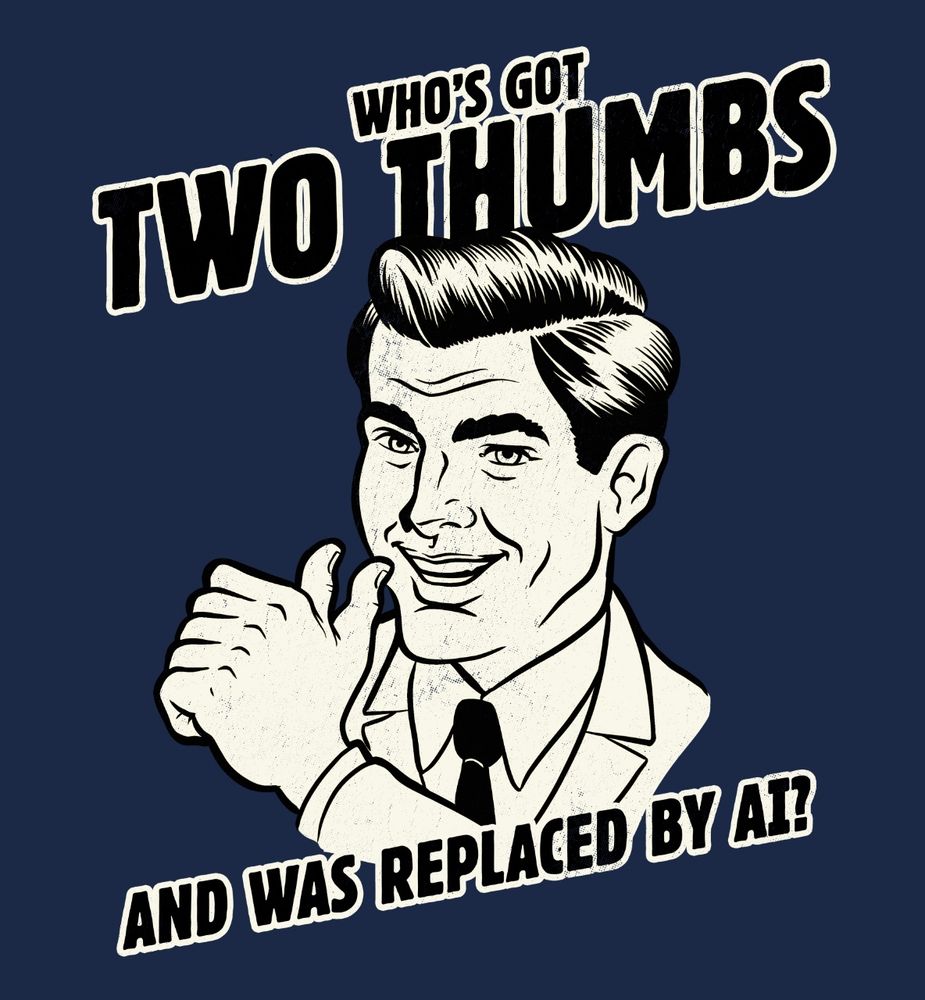 WHO'S GOT TWO THUMBS

cartoon of happy white with 5 fingers and 2 thumbs on 1 hand

AND WAS REPLACED BY AI?