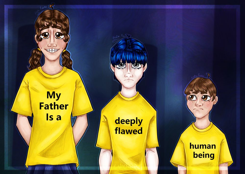 (in this order) Lissa Ashkevron (age 8 ish), Vanyel Ashkevron (age 6 ish), and Mekeal Ashkevron (age 3 ish) standing next to each other in bright yellow shirts. Lissa's shirt says "My Father Is a" Van's shirt says "Deeply Flawed" and Meke's shirt says "Human being"
