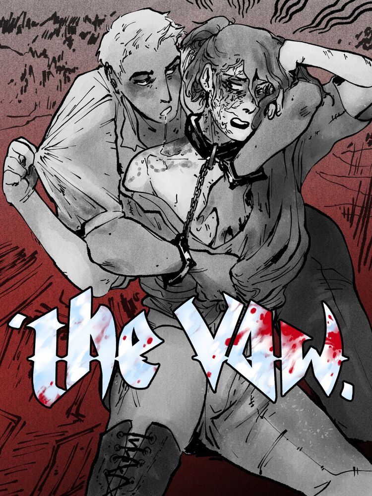Promo image for graphic novel The Vow, made by @feralroyal.bsky.social. Two characters are handcuffed together as one embraces the other from behind.